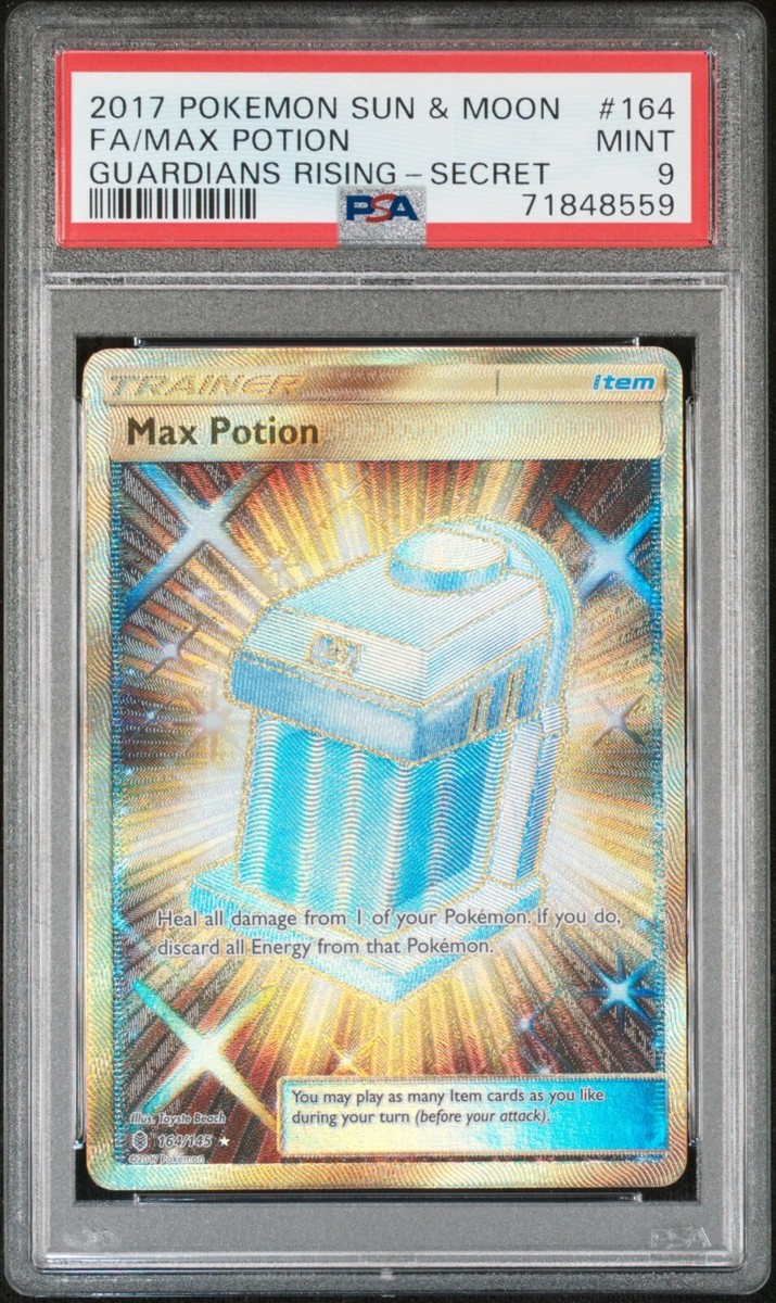 PSA 9 MINT Max Potion 164/145 S&M Guardians Rising Gold Secret Rare Holo  Pokémon