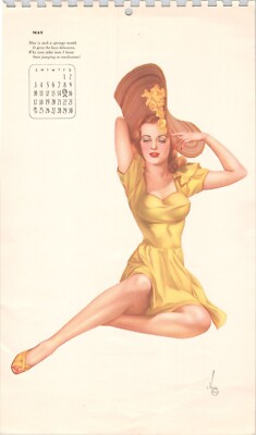 Original Vintage May 1942 VARGAS Pinup Calendar Girl - Red Head Yellow Dress