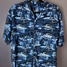 Vintage Puritan Hawaiian Shirt Men L Navy Palm Trees Classic Trucks Aloha Rayon