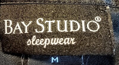  BAY STUDIO SLEEPWEAR 90s Black Satin SLIP Gorgeous Floral Embroidery SZ M EUC