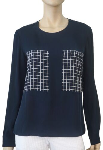 THEORY sz M Long Sleeve Navy Window Pane Check Silk Blouse Top - Picture 3 of 3