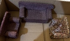 Antique Miniature Dollhouse German 3 Pc Wooden Overstuffed Parlor Set, Sofa 5  