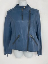 Tibor Luxe Navy Blue Leather Full Zip Moto Motorcycle Jacket Women's Size Medium