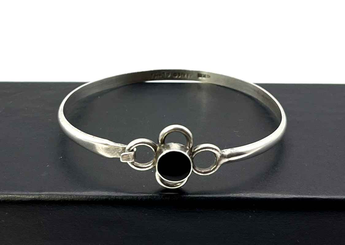 Solid Sterling Silver 925 BLACK ONYX Hook BANGLE … - image 1