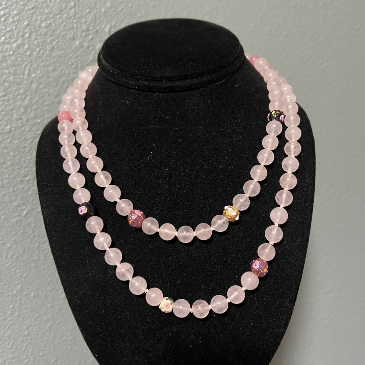 vintage Italy murano glass and rose quartz long necklace