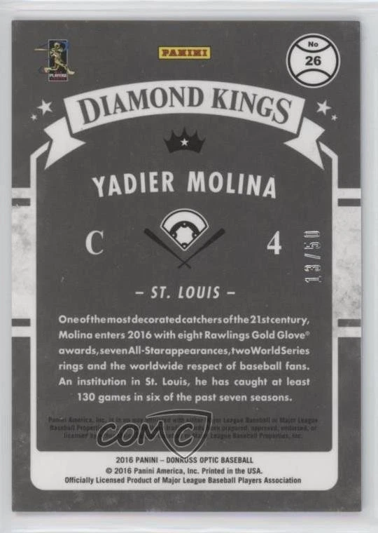 2016 Panini Donruss Optic Diamond Kings Carolina Blue /50 Yadier Molina #26 - Image 2 of 2