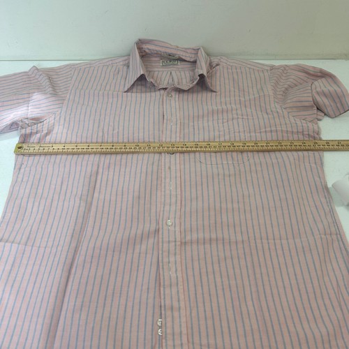 Pink and blue vertically striped LL Bean short-sleeve Oxford shirt with button-down collar, laid flat on white surface.