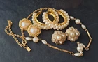 Vintage Costume Jewelry Lot Emmons Necklace + Earrings Faux Pearls Gold Tone