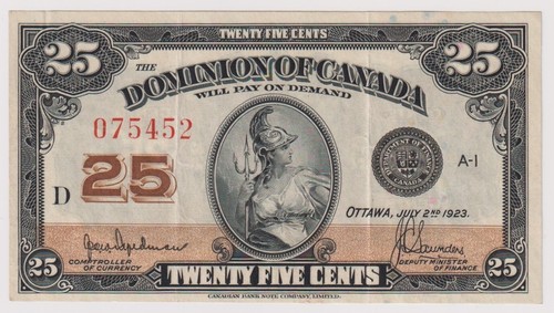 1923 25 Cents Dominion of Canada Shinplaster - VF/EF - DC-24b - inv#291 - Foto 1 di 2