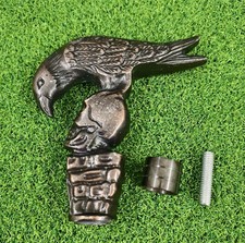 Antique Gothic Crow & Skull Walking Cane Carved Wooden Stick Aluminum Handle