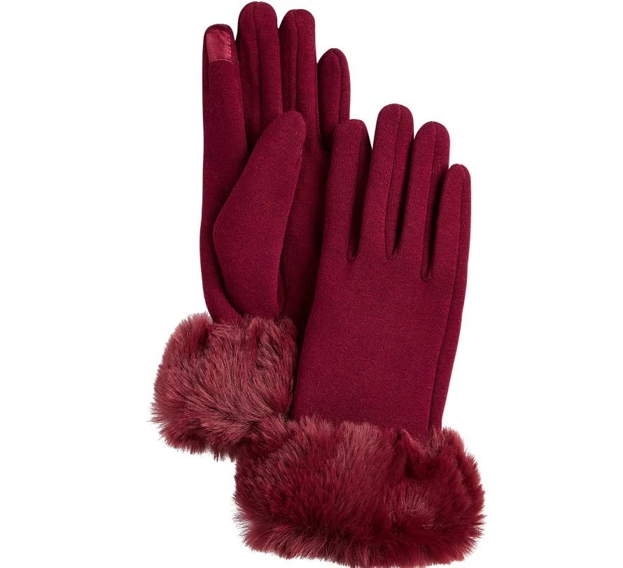 Marcus Adler jersey faux-fur cuff touchscreen women's gloves- Burgundy Wine