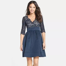 Eliza J Dress Womens 10 Navy Blue Lace Fit & Flare Cocktail Half Sleeve Pockets