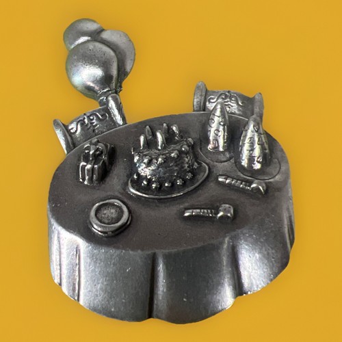 Vtg Danforth Pewter Birthday Party Brooch Pin 1990 Signed Balloon Cake SIGNED