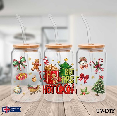 Heißer Kakao Weihnachten UV DTF Aufkleber - 16 Unzen Libbey Dose Glasfolie yn476