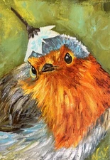 Bird Robin Original Oil Painting of Cute Little Bird Small Art 5x7"