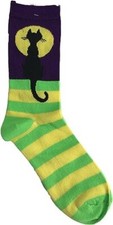 New Black Cat with Rising Full Moon and green yellow stripes Halloween Socks