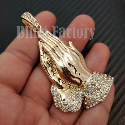 HIP HOP ICED LAB DIAMOND GOLD PLATED LARGE PRAYING HANDS FASHION CHARM PENDANT