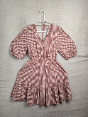 MNG Women Dress 10 Red Plaid Cotton Blend Balloon Sleeve Ruffle Knee Length