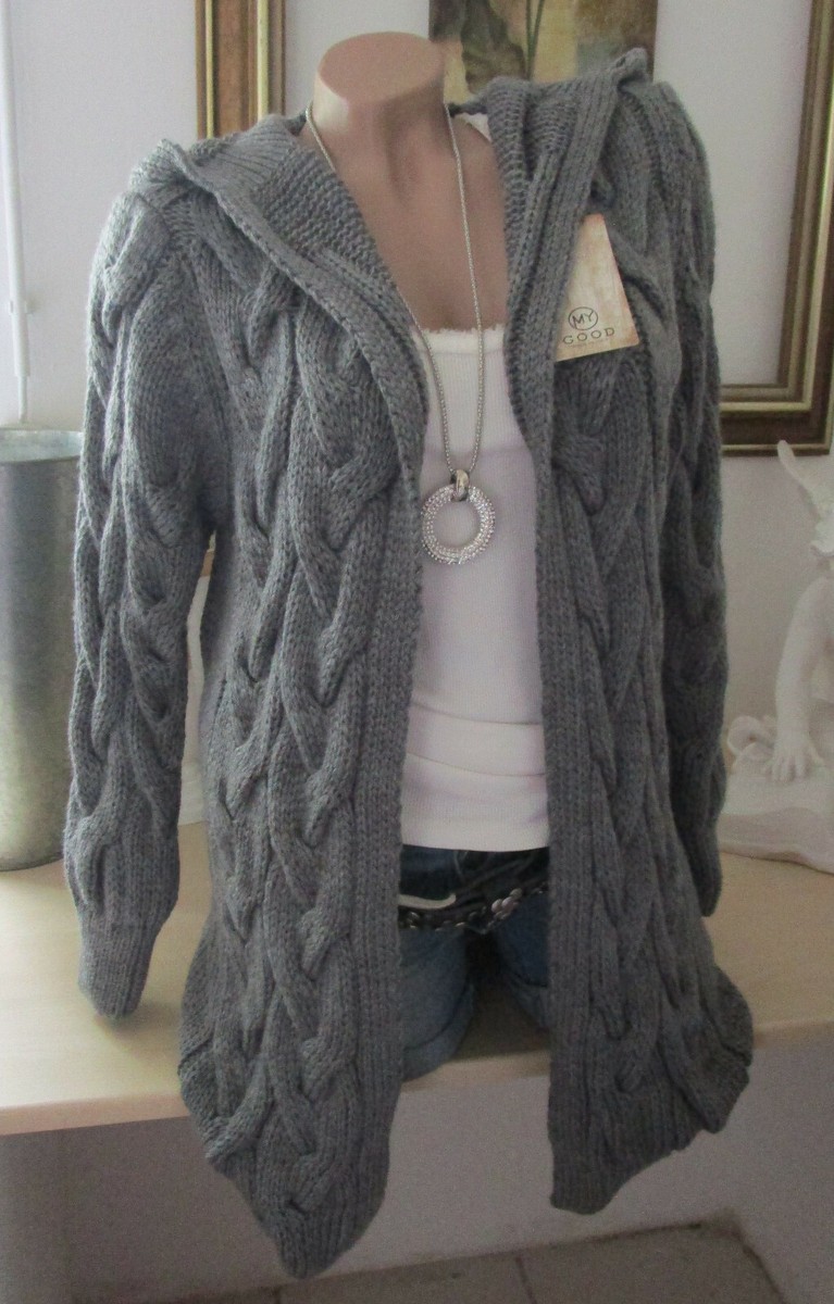 Cardigan Strickjacke Jacke Kapuze Vintage Grob Zopfmuster