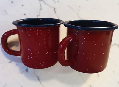 Pair of Red & White Speckle Enamel Metal Coffee Mugs 3x3'' Cups Blue Inside Rust