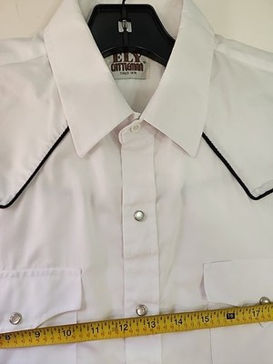 Ely Cattleman Mens L White W/ Black Piping SS Pearl Snap Western Shirt EUC