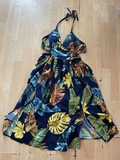 FASHION NOVA Kenzie navy Blue Tropical Print Halter Dress Size M Women AF9