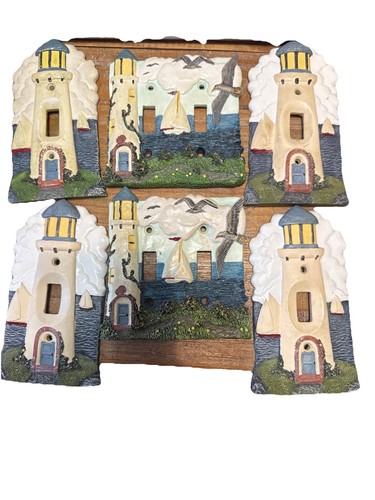 VTG Lighthouse Light Switch Plate Covers with Sail Boats and Beach Set Of 6 3D