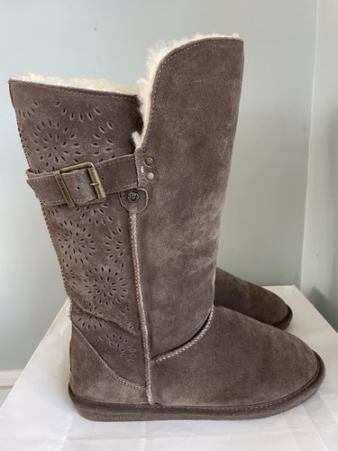 Stivali donna scamosciati alti BEARPAW taglia 10 pelliccia foderati finta fiori traforati marrone - Foto 7 di 14