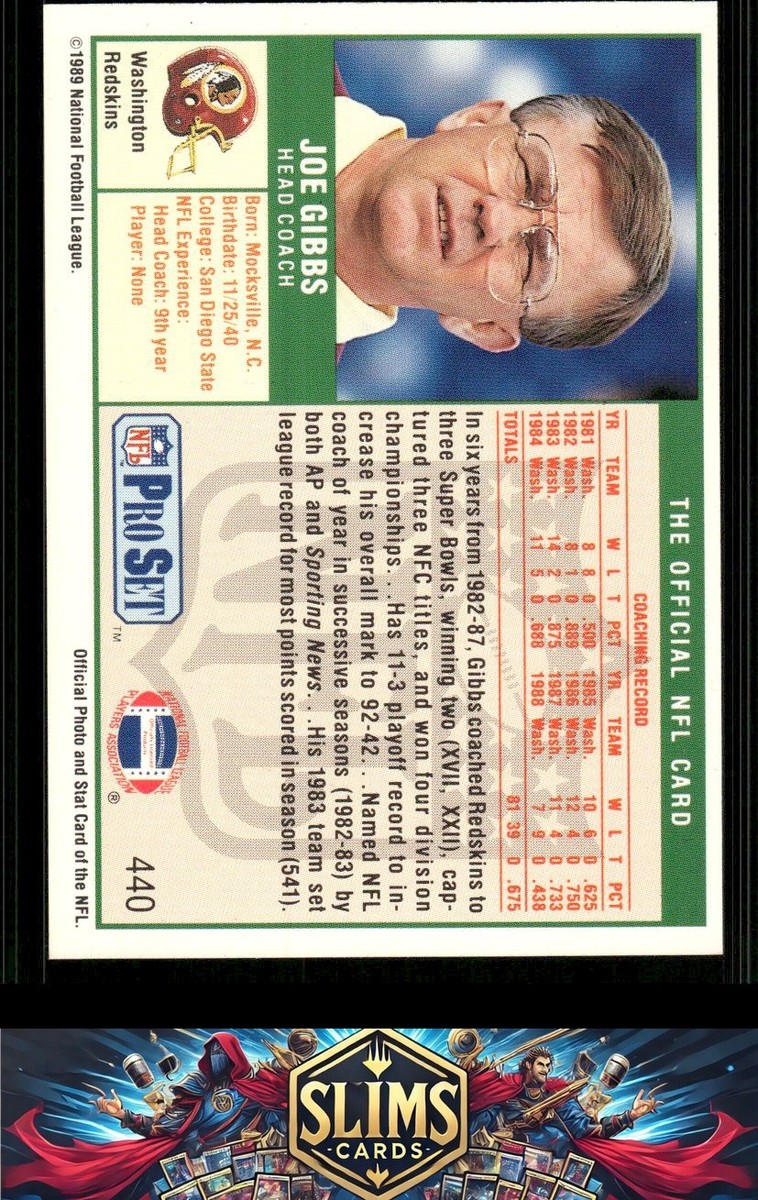 1989 Pro Set Washington Redskins Joe Gibbs #440 | eBay