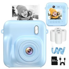 Kids Instant Print Camera DualLens 1080P Digital Photo 32GB Card Paper Blue