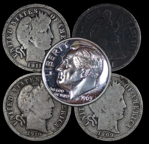 x5 90% Silver Dimes, Seated Dime + Barber Dimes + 1 Proof Roosevelt, 0.50FV #687