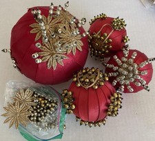Lot of 4 Vintage Push Pin Beaded Sequin Red Ribbon Christmas Ornaments