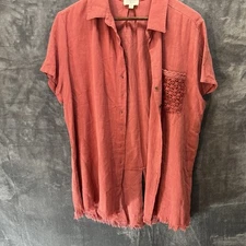 Umgee Rose Tunic Top Womens Sz M Button Up Raw Hem Pocket Oversized Boho Linen