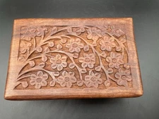 Vintage Hand Carved Wood Trinket Marquetry Box  Wooden Jewelry