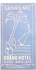 Sanremo Grand Hotel & Des Anglais Sailboat 2.5 x 5" Vintage Luggage Label