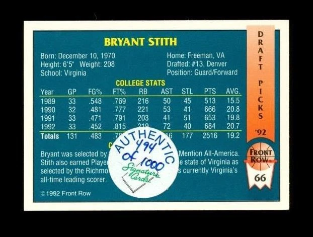 Front Row Authentic Signatures 1992 494/1000 Bryant Stith #66 novato automático radiocontrol Foto 2 de 2