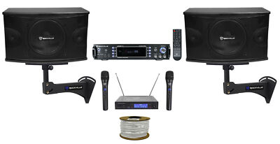 (2) Rockville KPS10 Karaoke Speakers+Bluetooth Amp+Wall Brackets+2) Wirelss Mics