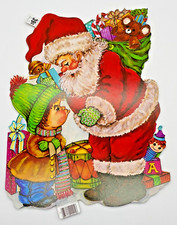 Vintage NOS Cardboard Die Cut Christmas Decoration Santa & Child 15" x  11"