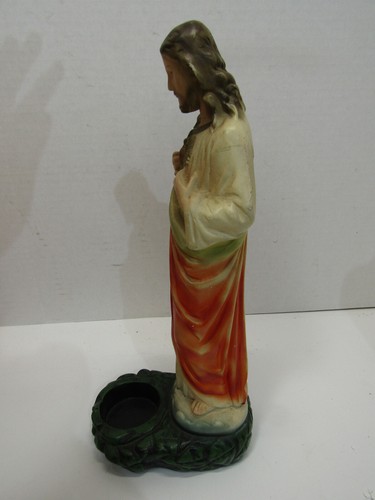 OLD CHALKWARE RELIGIOUS SACRED HEART JESUS OPEN HEART STATUE CANDLE HOLDER 13" - Picture 2 of 5