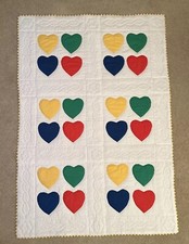 Baby Heart Quilt Handmade Signed E.S.S. 1987 Rainbow/ Primary Colors Lap Blanket