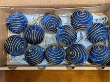 Vintage 11 Blue Velvet Christmas Ornaments Gold Spiral RARE Set Lot Philippines