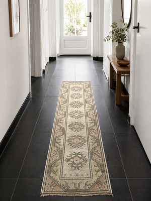 Vintage Beige Long Runner, 2.5x9ft, Antique Turkish Geometric Handmade Runner,