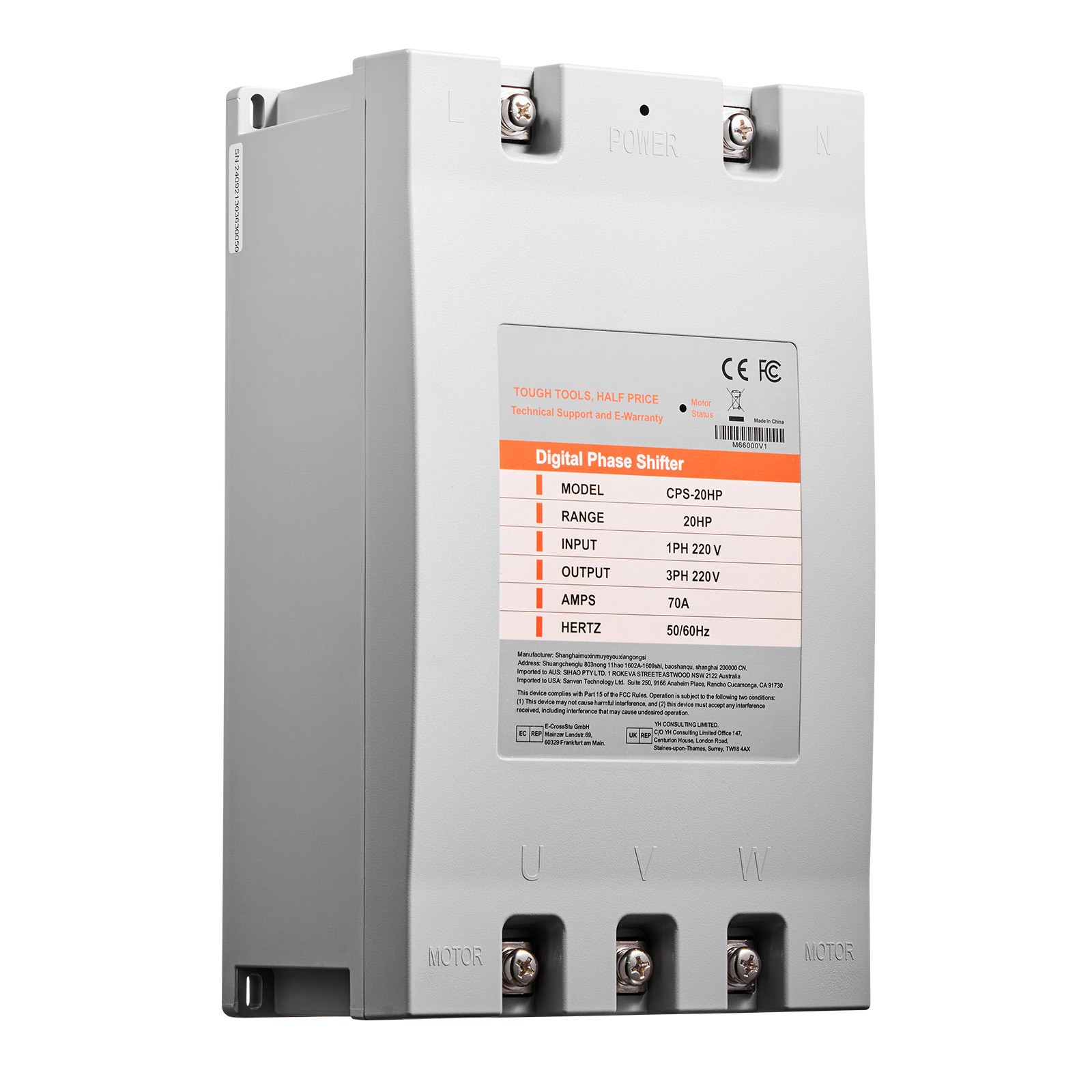 Uimoso 20HP 3-Phase Converter, 220V Single to 3-Phase, 70A Input/Output