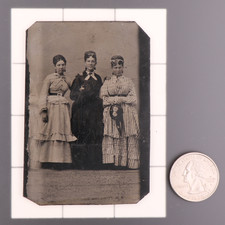 Antique CDV 6th Plate Tintype Friendship Photo of 3 Victorian Era Women 1282