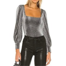 Lovers and Friends Metallic Silver Balloon Sleeve Jasmine Bodysuit size Small