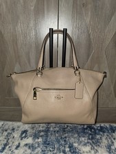 Coach Beige Pebbled Satchel Top Handle Zip Gold Hardware Charm Lined Pockets