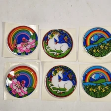 Set Of 6 Rainbow Puffy Stickers Vintage 1980s Multicolored Unicorns And Flowers