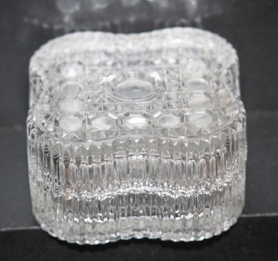 Vintage MCM Cut Glass Trinket Box + Lid Ring Jewelry Square w/ Round Corners