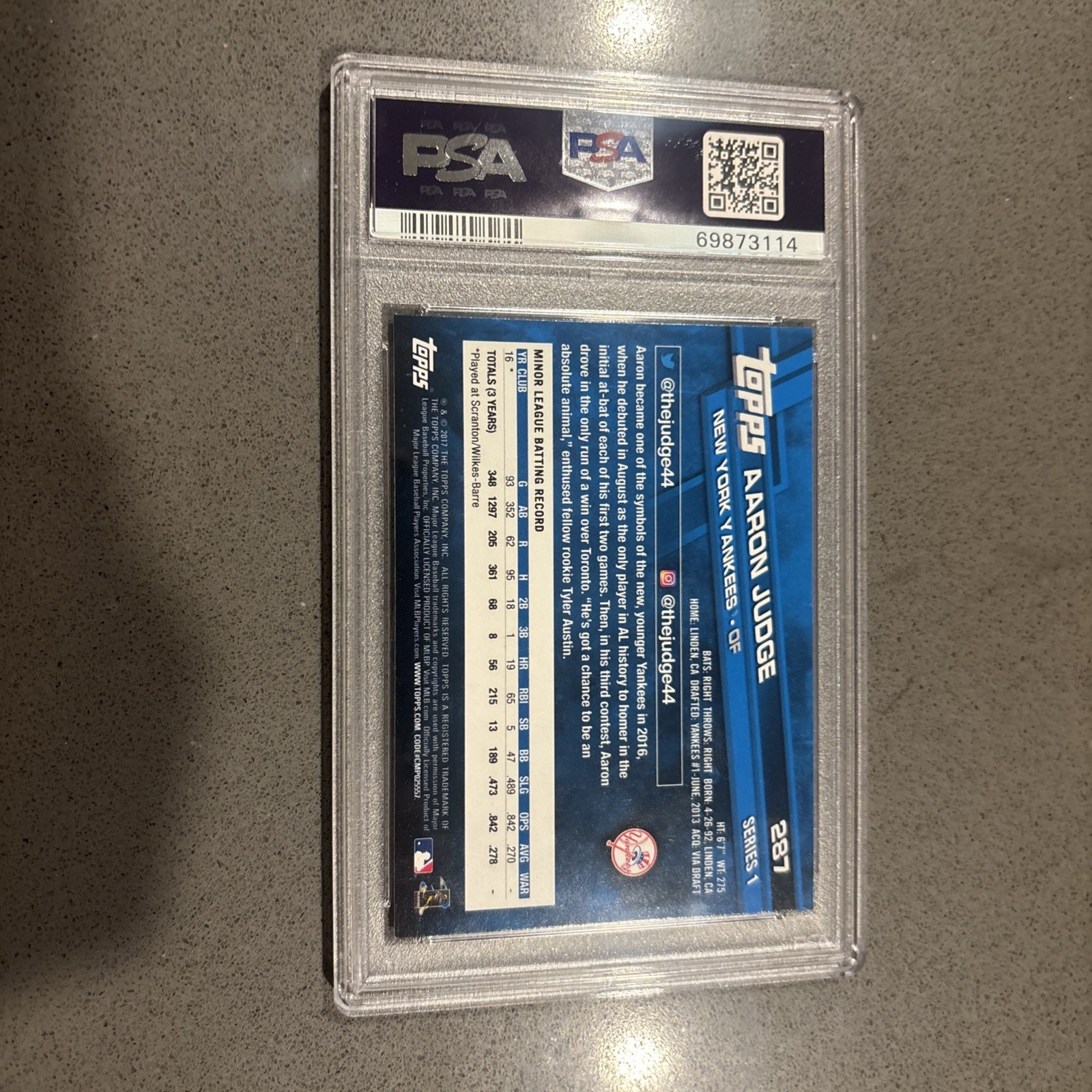 2017 Topps Leaning On Railing SP Aaron Judge #287 (RC) PSA 9!!🔥🔥 view 2