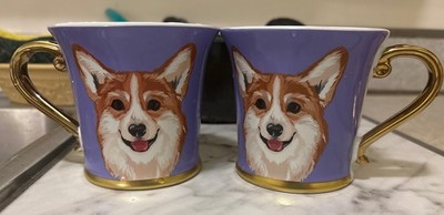 NWOT 2 Bridgerton Corgi Mug Cup 8.4oz  Purple Gold trim Queen Ceramic